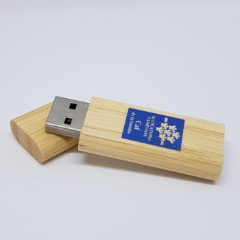 Objet Publicitaire clé USB beige, avec un rectangle bleu avec le logo de la caisse des allocations familiales en Vendée