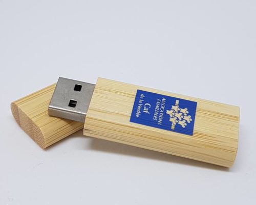 Objet Publicitaire clé USB beige, avec un rectangle bleu avec le logo de la caisse des allocations familiales en Vendée